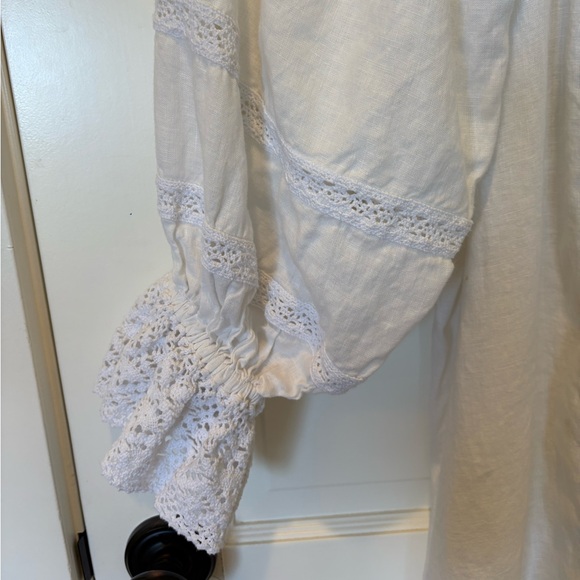 Sleeper Women’s White Paloma Linen Lounge Dress Puff Sleeve Lace Midi - Picture 3 of 5